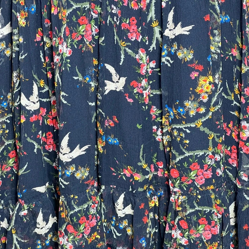 The Kooples Navy Blue Bird Print Silk Chiffon Dress Size Medium Ruffle Mini - Picture 10 of 16